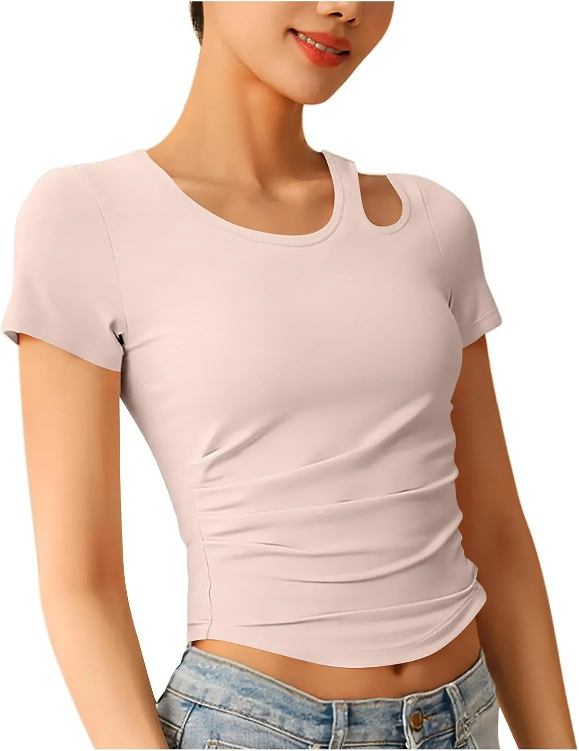 Summer Yoga Tops for Women 2025 Fashion Asymmetric Cut Out Crewneck T Shirt Built in Bra Slim Fit Sports Comfy Tees