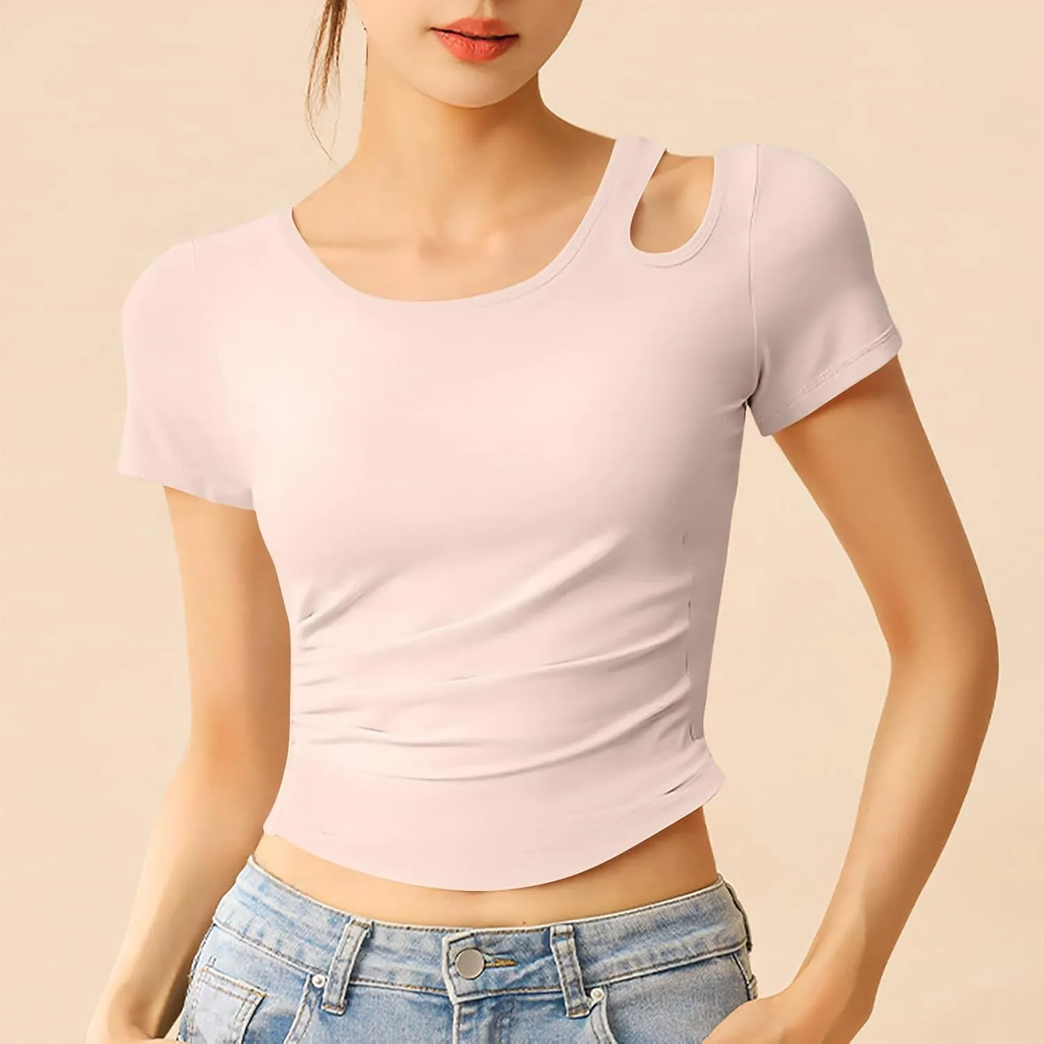 Summer Yoga Tops for Women 2025 Fashion Asymmetric Cut Out Crewneck T Shirt Built in Bra Slim Fit Sports Comfy Tees