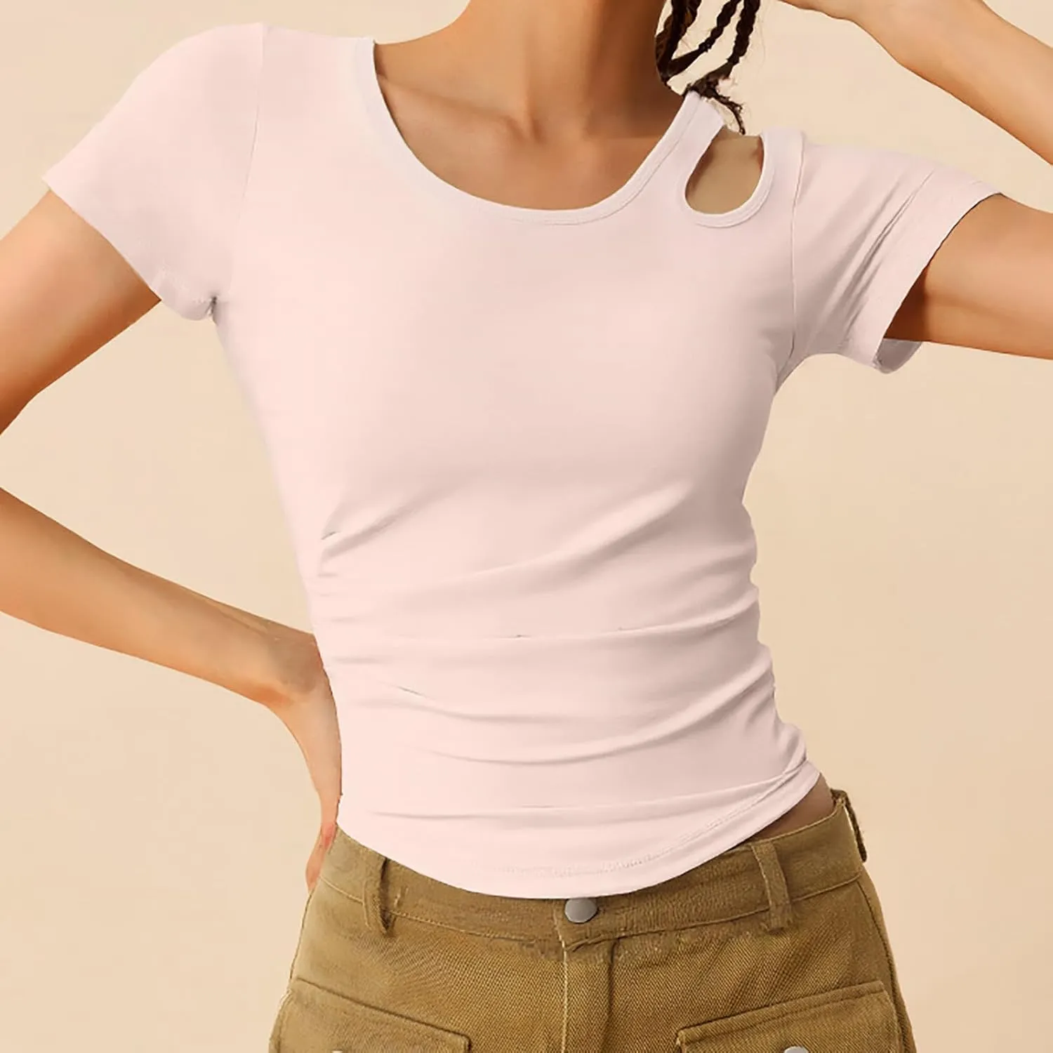 Summer Yoga Tops for Women 2025 Fashion Asymmetric Cut Out Crewneck T Shirt Built in Bra Slim Fit Sports Comfy Tees
