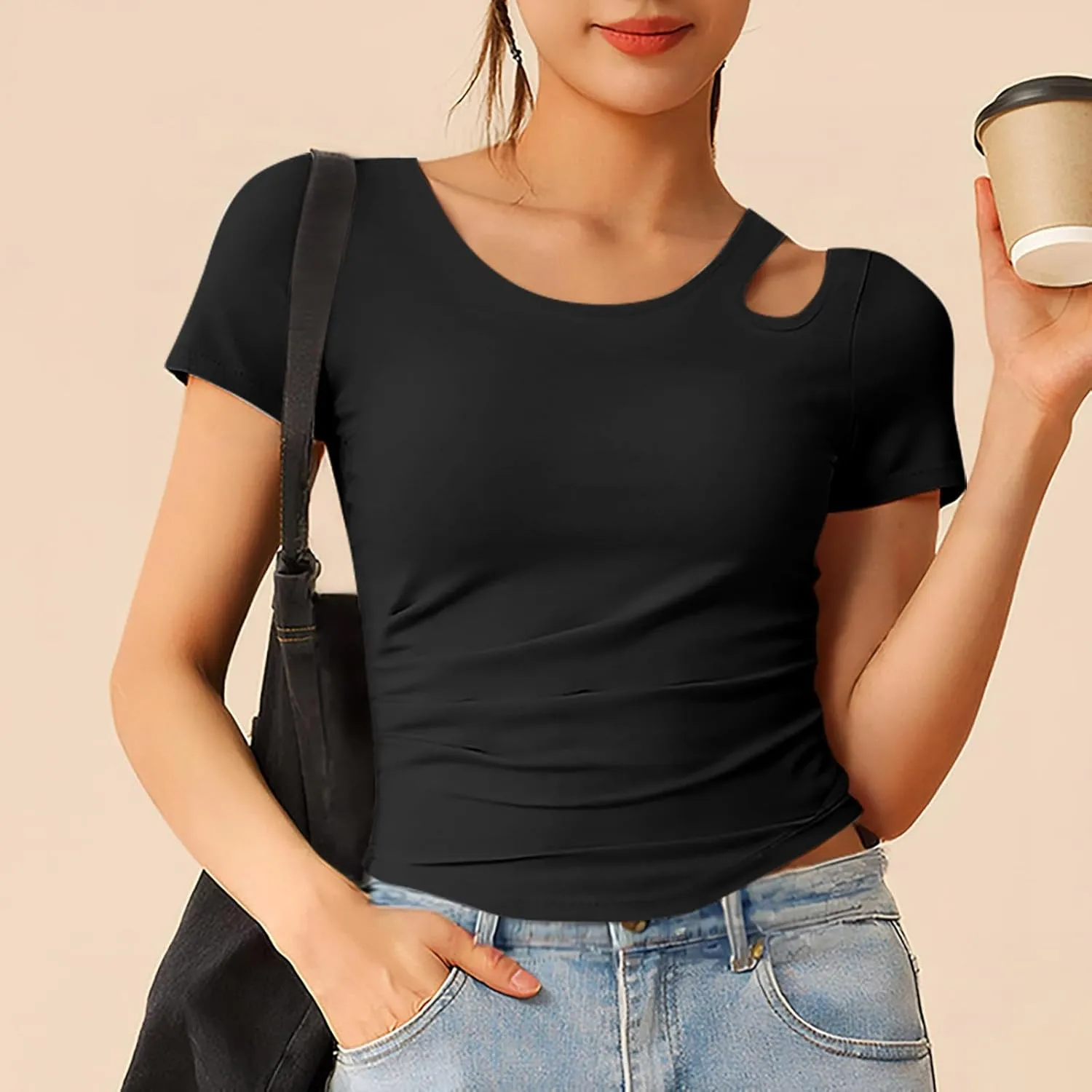 Summer Yoga Tops for Women 2025 Fashion Asymmetric Cut Out Crewneck T Shirt Built in Bra Slim Fit Sports Comfy Tees