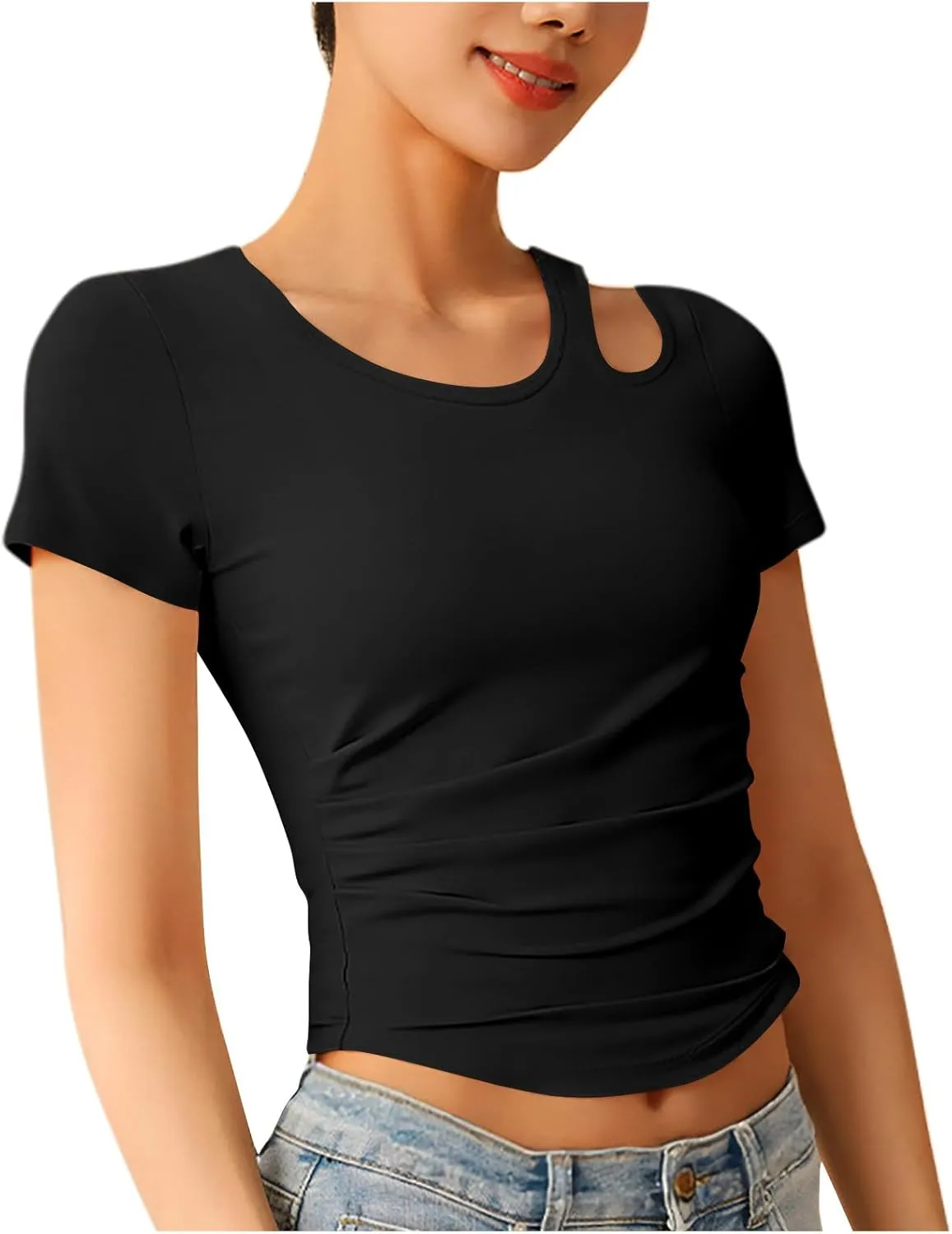 Summer Yoga Tops for Women 2025 Fashion Asymmetric Cut Out Crewneck T Shirt Built in Bra Slim Fit Sports Comfy Tees
