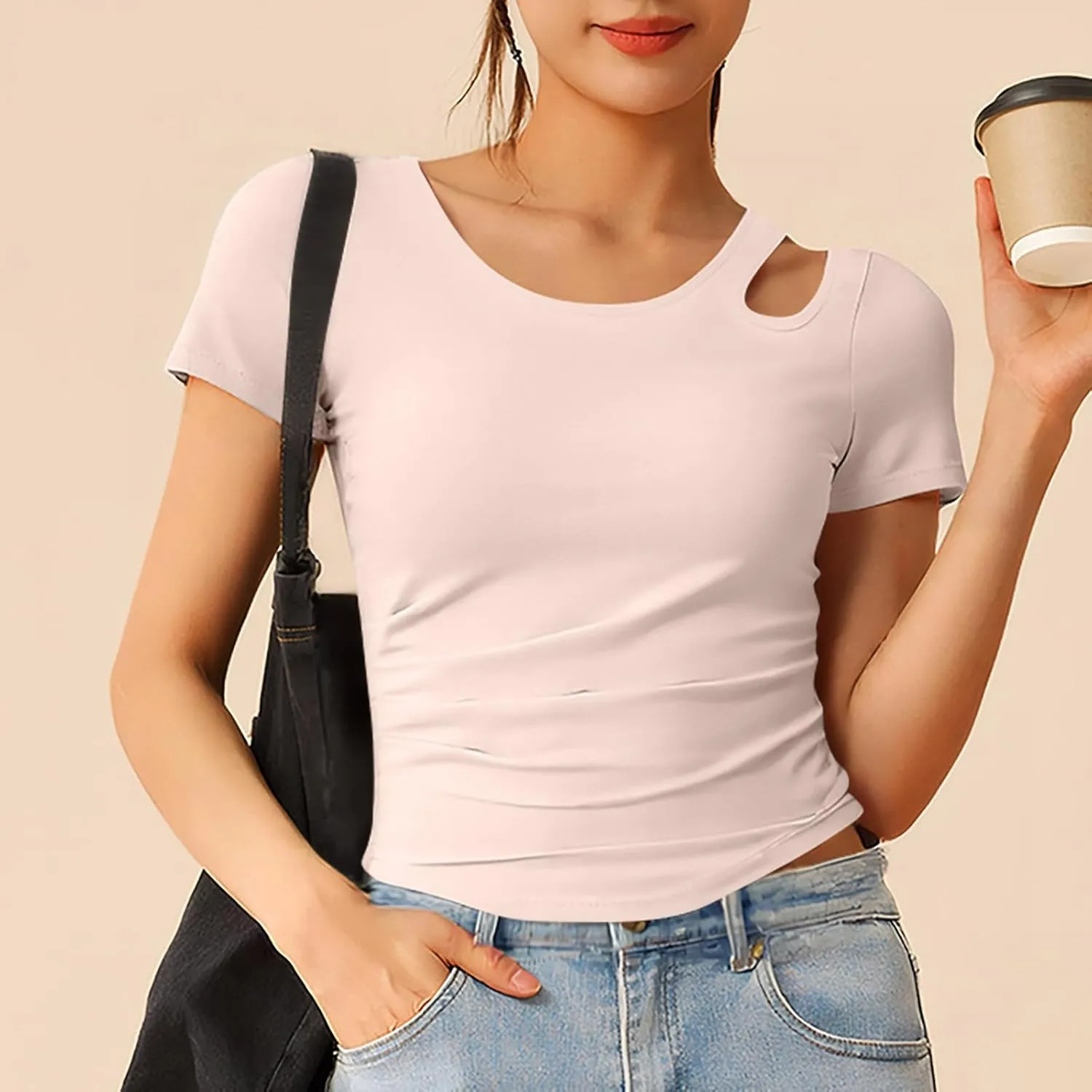 Summer Yoga Tops for Women 2025 Fashion Asymmetric Cut Out Crewneck T Shirt Built in Bra Slim Fit Sports Comfy Tees