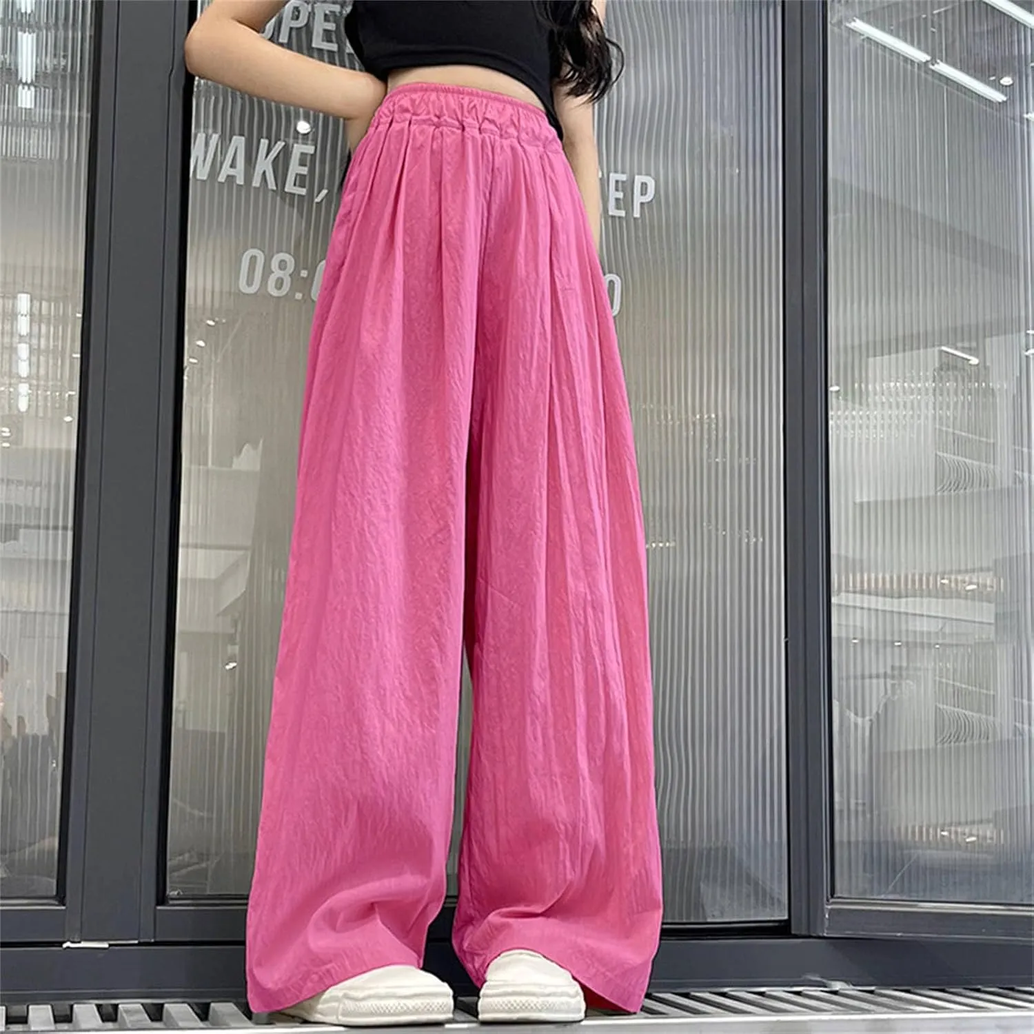 Teen Girls Linen Palazzo Pants Baggy Wide Leg Elsatic Waist Lightweight Trousers Summer Solid Stylish Pants Pockets