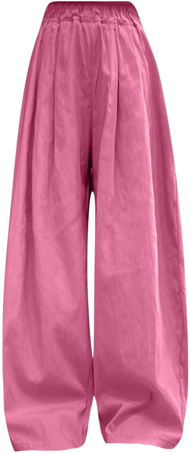 Teen Girls Linen Palazzo Pants Baggy Wide Leg Elsatic Waist Lightweight Trousers Summer Solid Stylish Pants Pockets