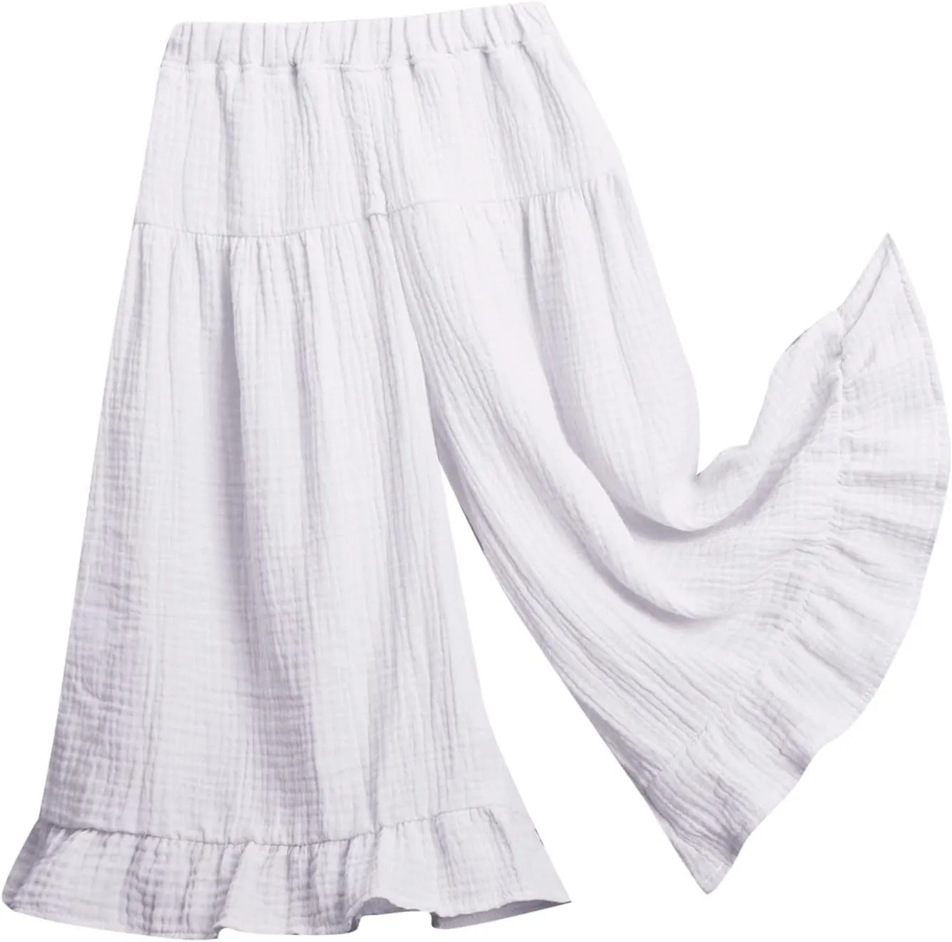 Toddler Girls Linen Wide Leg Pants Baby Baggy Elastic Waist Casual Ruffle Trousers Summer Solid Daily Trendy Pants