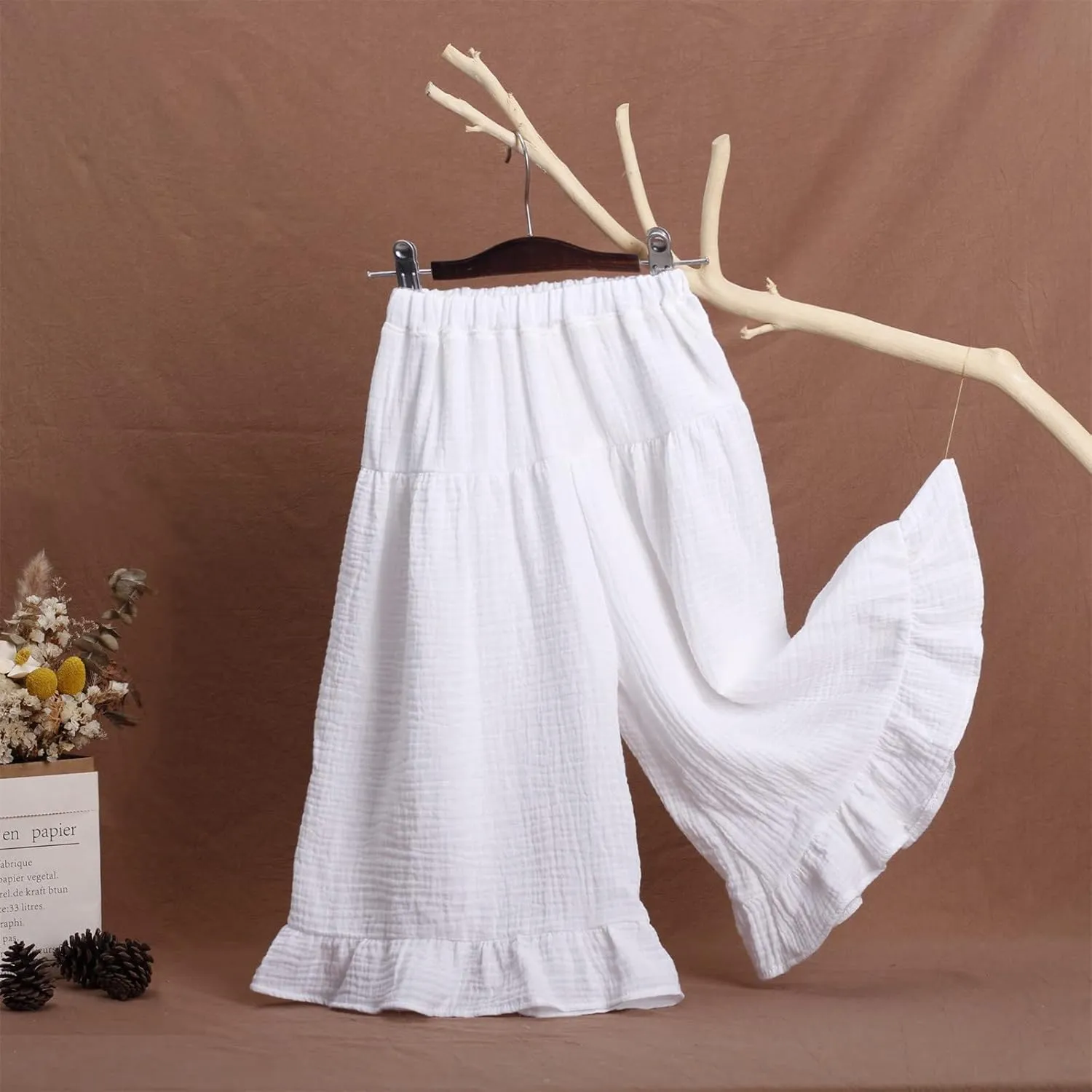 Toddler Girls Linen Wide Leg Pants Baby Baggy Elastic Waist Casual Ruffle Trousers Summer Solid Daily Trendy Pants