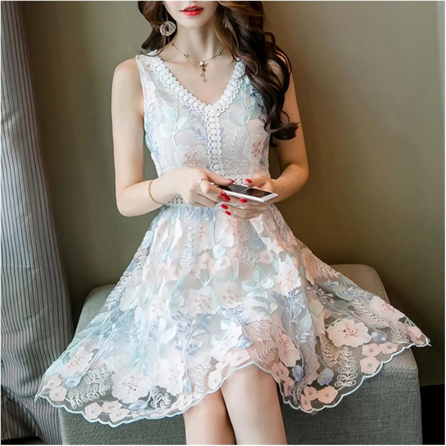 V-Neck Full Three-Dimensional Flower Embroidery Flower Dress Female Knee-Length Zippers Sleeveless(XL Code)