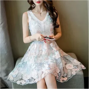 V-Neck Full Three-Dimensional Flower Embroidery Flower Dress Female Knee-Length Zippers Sleeveless(XL Code)