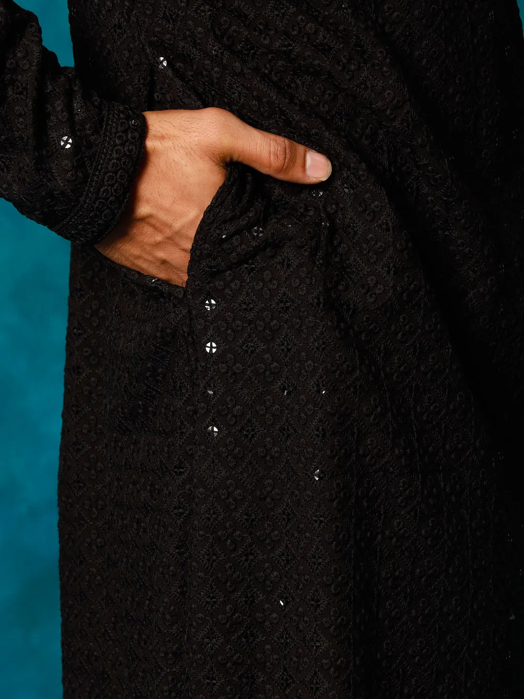 VM Men's Black Rayon Schiffli Embroidered Kurta