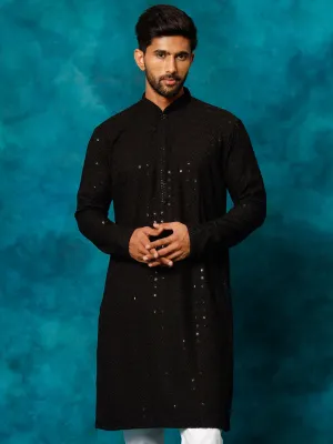 VM Men's Black Rayon Schiffli Embroidered Kurta