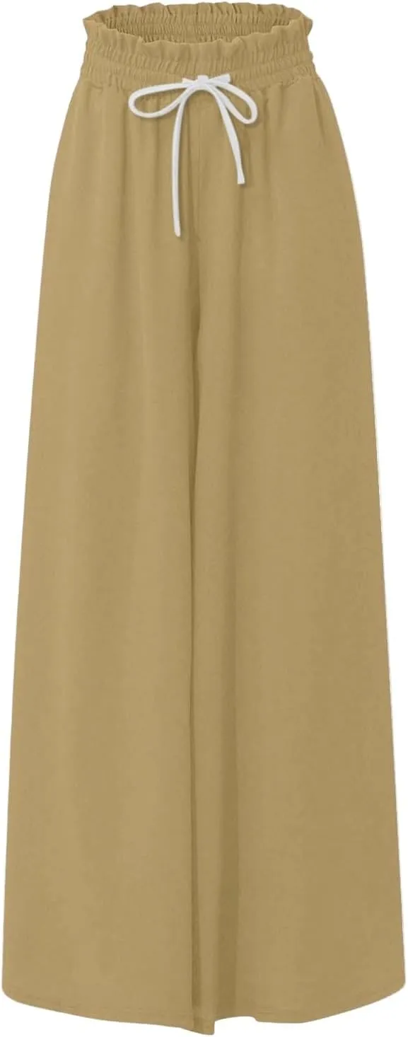 Wide Leg Pants Woman Summer 2025 Flowy High Waisted Trousers Baggy Drawstring Beach Pant with Pockets