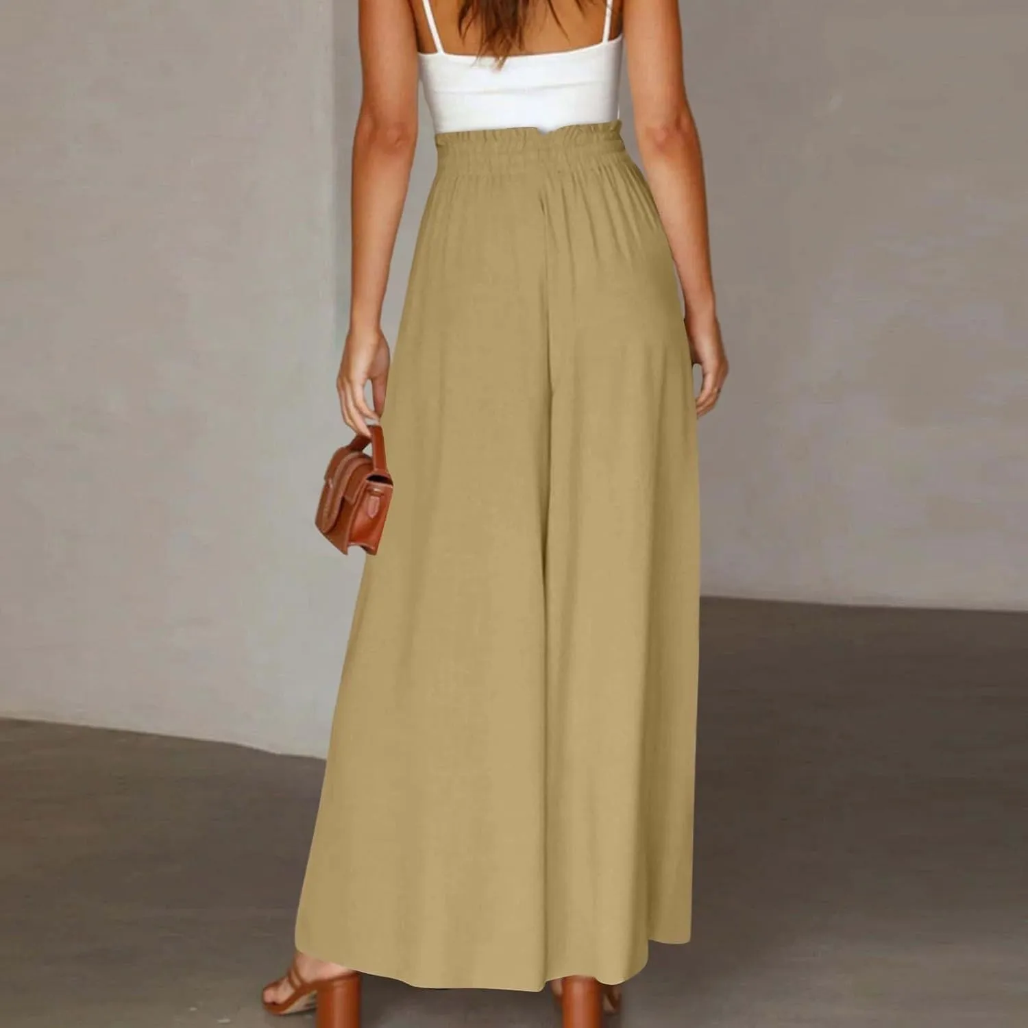 Wide Leg Pants Woman Summer 2025 Flowy High Waisted Trousers Baggy Drawstring Beach Pant with Pockets
