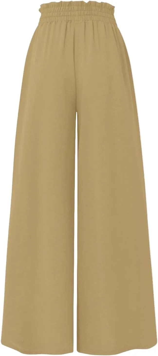 Wide Leg Pants Woman Summer 2025 Flowy High Waisted Trousers Baggy Drawstring Beach Pant with Pockets