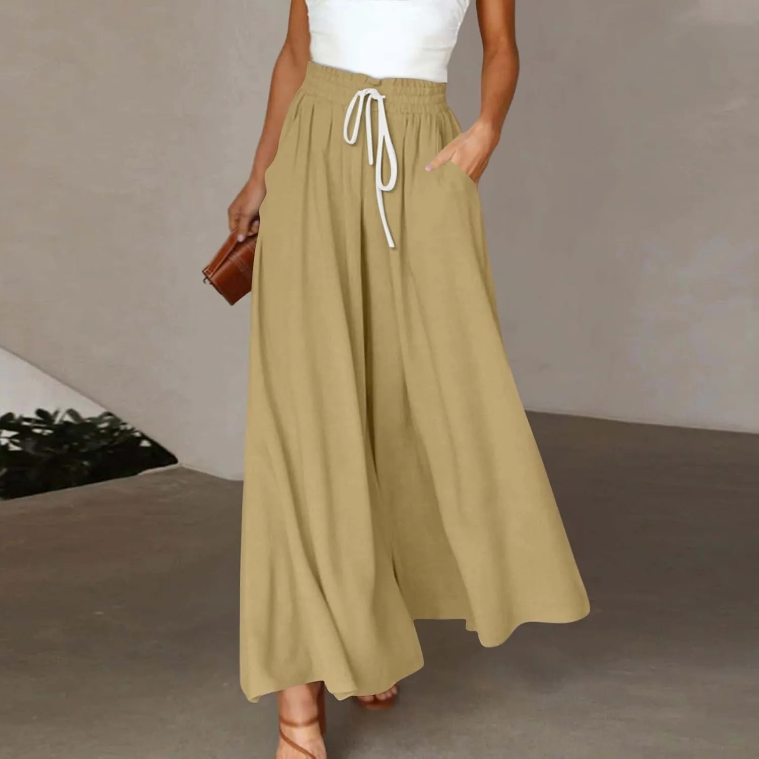 Wide Leg Pants Woman Summer 2025 Flowy High Waisted Trousers Baggy Drawstring Beach Pant with Pockets