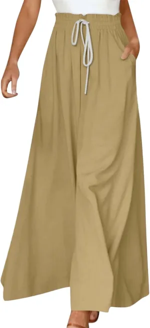 Wide Leg Pants Woman Summer 2025 Flowy High Waisted Trousers Baggy Drawstring Beach Pant with Pockets