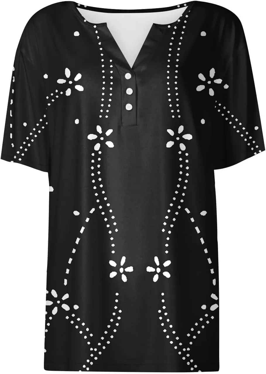 Women Short Sleeve Tops 2024 Summer Casual V Neck Pullover Fashion Plus Size Blouse Tees Printed Button T Shirt
