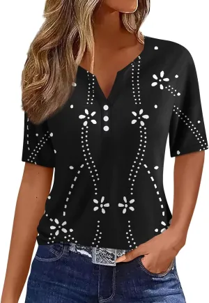 Women Short Sleeve Tops 2024 Summer Casual V Neck Pullover Fashion Plus Size Blouse Tees Printed Button T Shirt