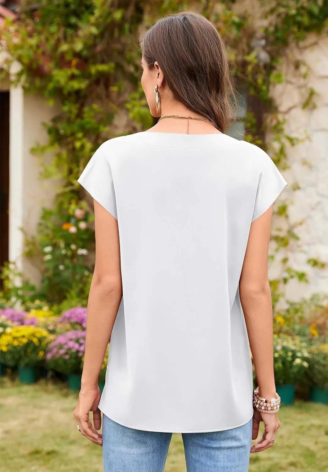 Women V Neck Tops Cap Sleeve Chiffon Blouses Summer Business Work Shirt