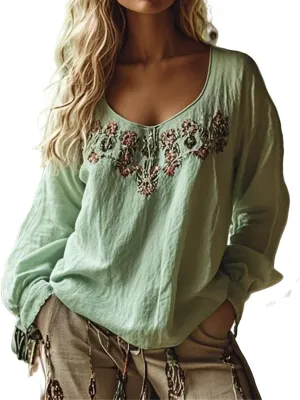 Womens Boho Embroidered Tops Floral Print Casual Long Sleeve Scoop Neck Hippie Peasant Blouses Western Mexican Shirt Womens Boho Embroidered Tops Floral Print Casual Long Sleeve Scoop Neck Hippie Peasant Blouses Western Mexican Shirt