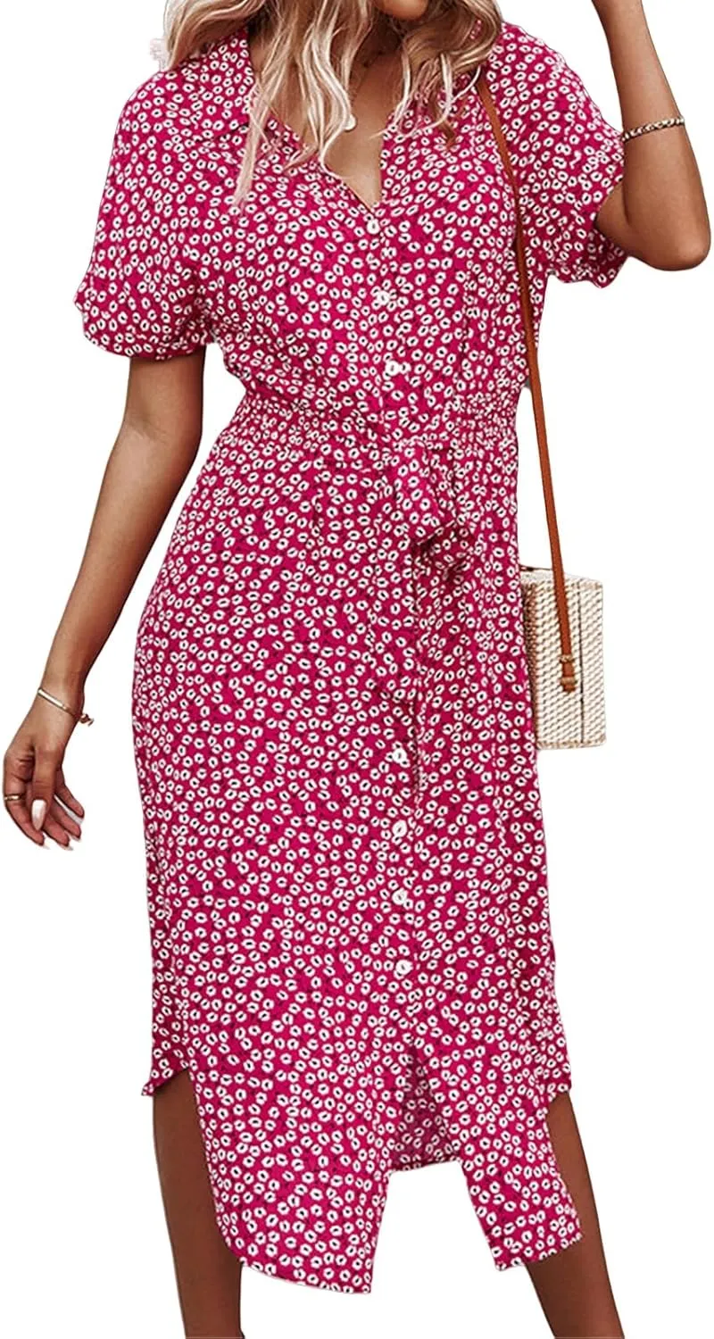 Womens Boho Floral V Neck A Line Dresses Belted Tie Waist Midi Dress Flowy Beach Summer Dress