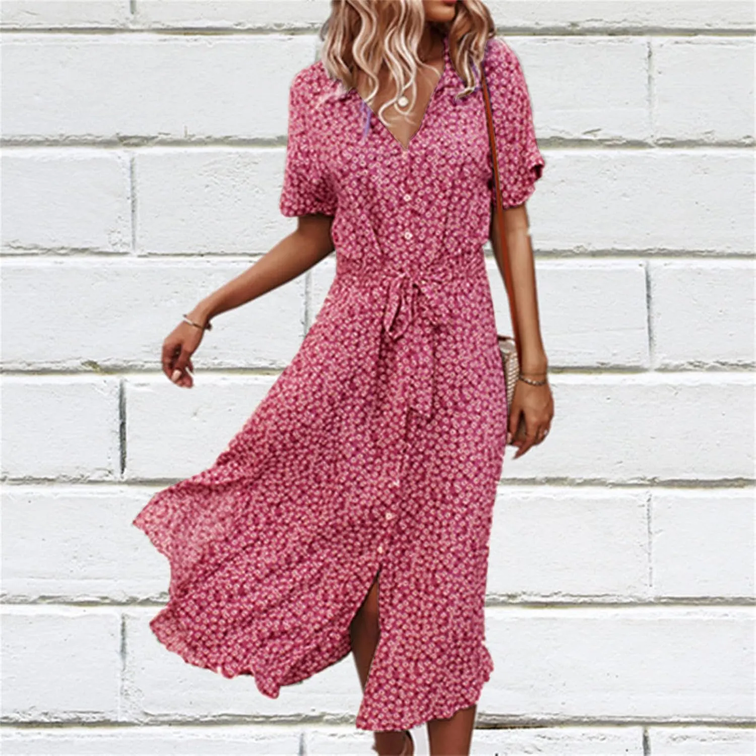 Womens Boho Floral V Neck A Line Dresses Belted Tie Waist Midi Dress Flowy Beach Summer Dress