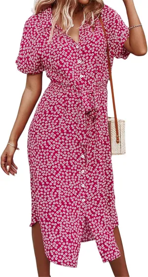 Womens Boho Floral V Neck A Line Dresses Belted Tie Waist Midi Dress Flowy Beach Summer Dress