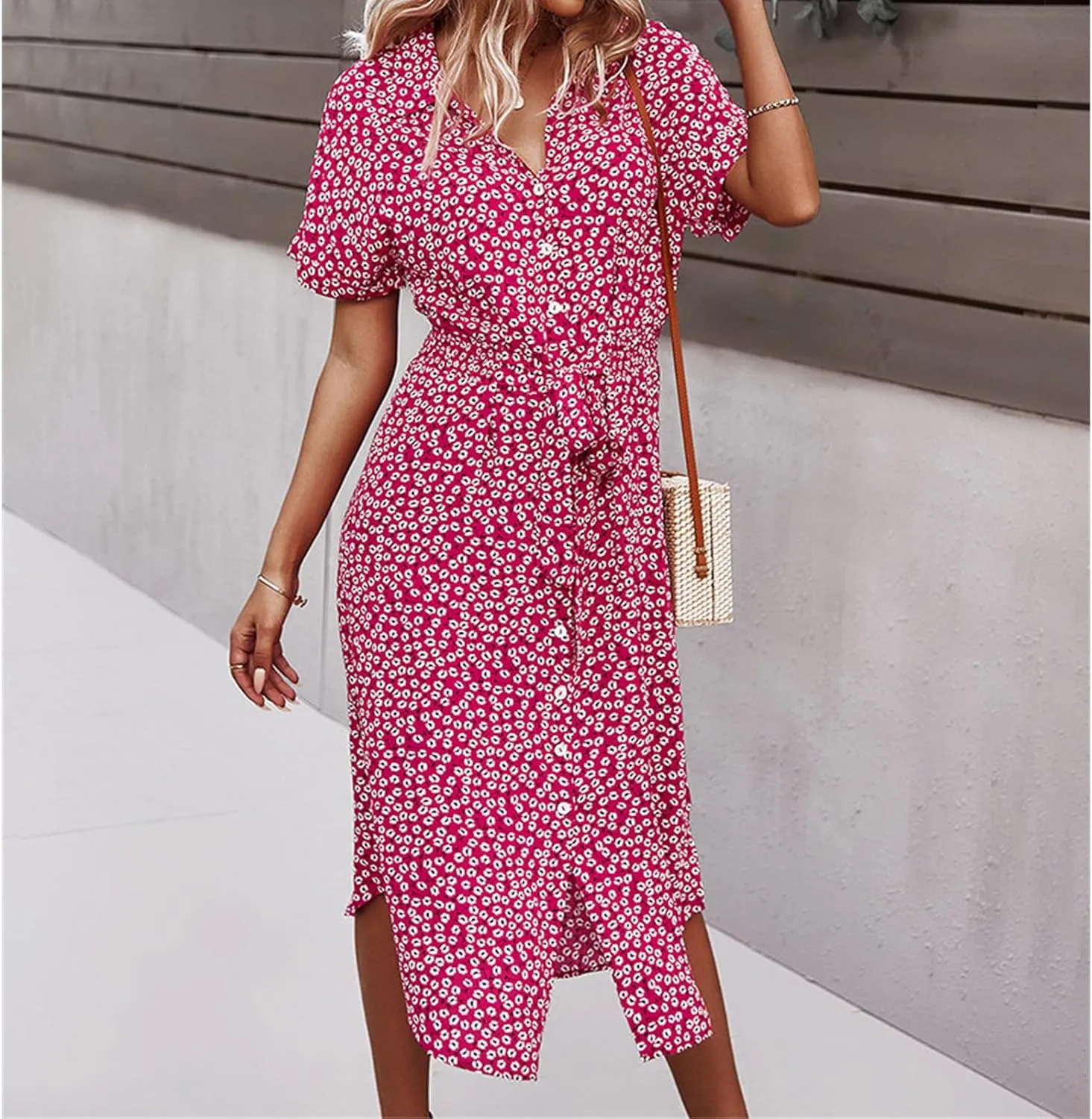 Womens Boho Floral V Neck A Line Dresses Belted Tie Waist Midi Dress Flowy Beach Summer Dress