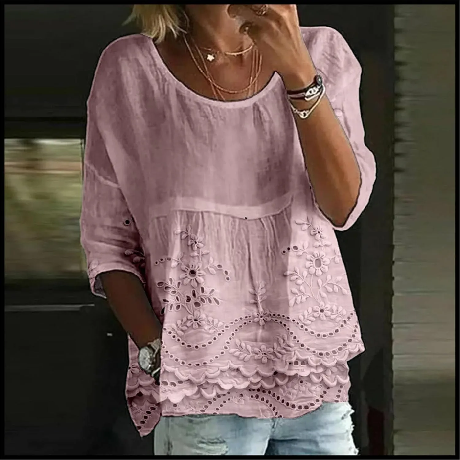 Womens Boho Peasant Tops 3/4 Sleeve Floral Print Round Neck Tee Tunic Shirt Summer Trendy Loose Fit Causal Blouses