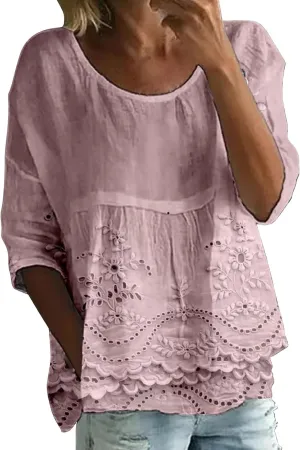 Womens Boho Peasant Tops 3/4 Sleeve Floral Print Round Neck Tee Tunic Shirt Summer Trendy Loose Fit Causal Blouses