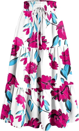 Women's Dresses Boho Floral Skirt Casual Elastic High Waist Maxi Skirts Flowy A Line Beach Long Skirt Dresses