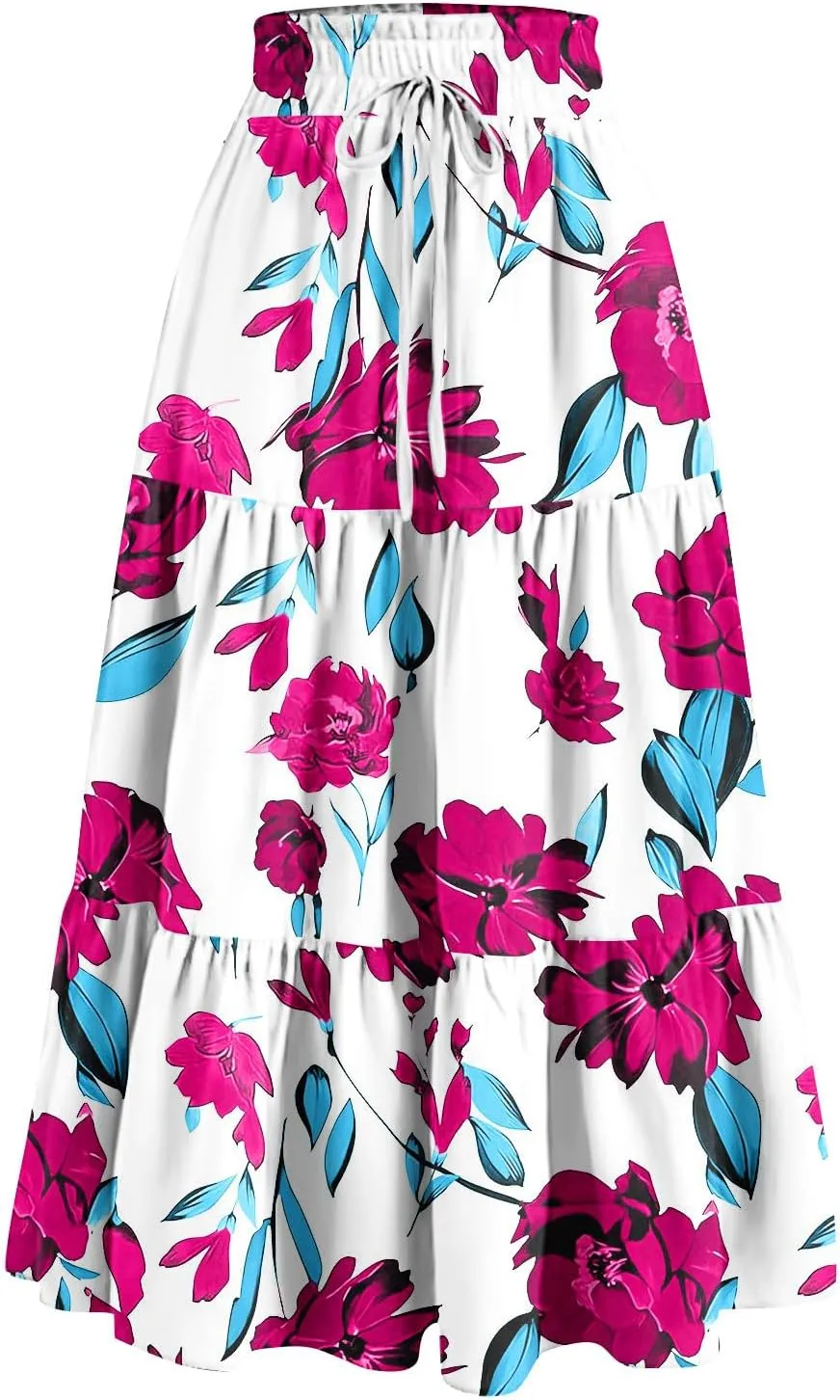 Women's Dresses Boho Floral Skirt Casual Elastic High Waist Maxi Skirts Flowy A Line Beach Long Skirt Dresses