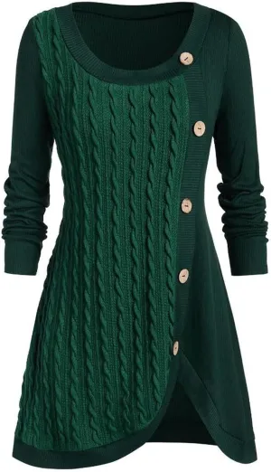 Women's Fall Winter Casual Trendy Dress Long Sleeve Crew Neck Solid Button Fleece Cable Knit Sweater Dresses, L-5XL