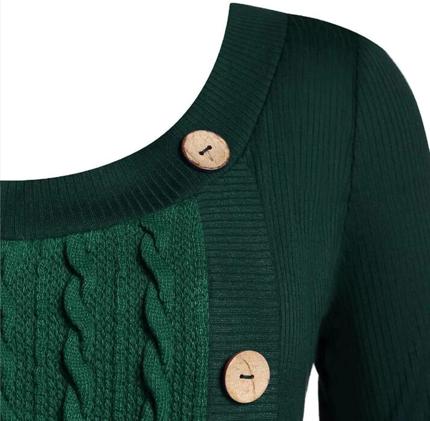Women's Fall Winter Casual Trendy Dress Long Sleeve Crew Neck Solid Button Fleece Cable Knit Sweater Dresses, L-5XL