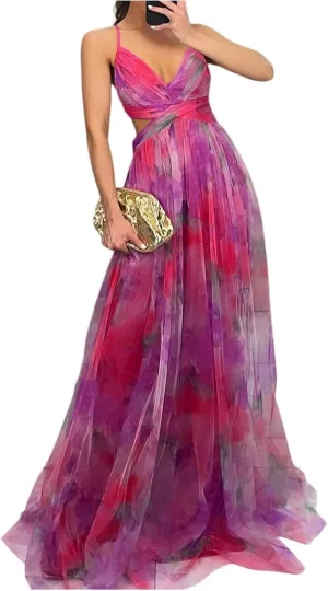 Women's Floral Tulle Wedding Guest Prom Dress Sexy Spaghetti Straps V Neck A Line Formal Colorful Cocktail Maxi Dresses