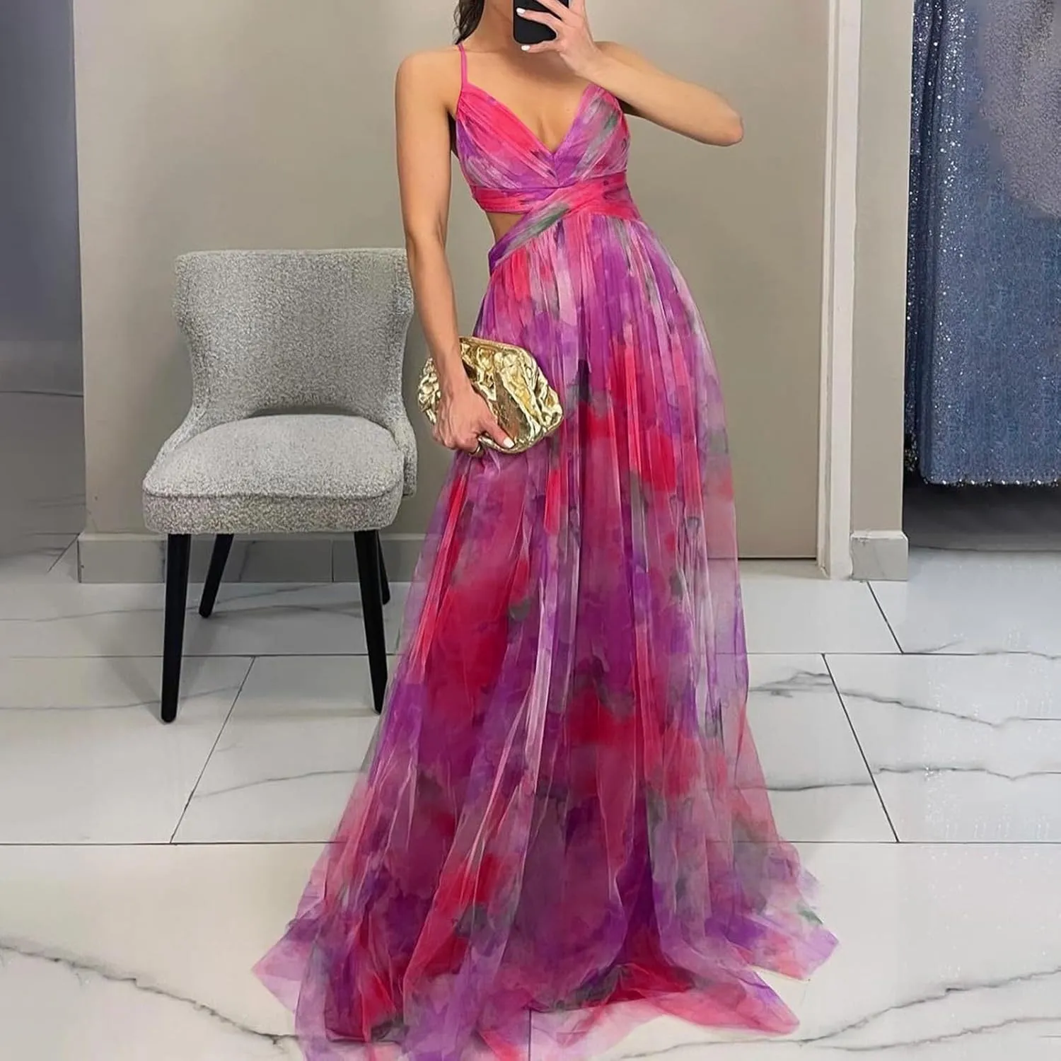 Women's Floral Tulle Wedding Guest Prom Dress Sexy Spaghetti Straps V Neck A Line Formal Colorful Cocktail Maxi Dresses