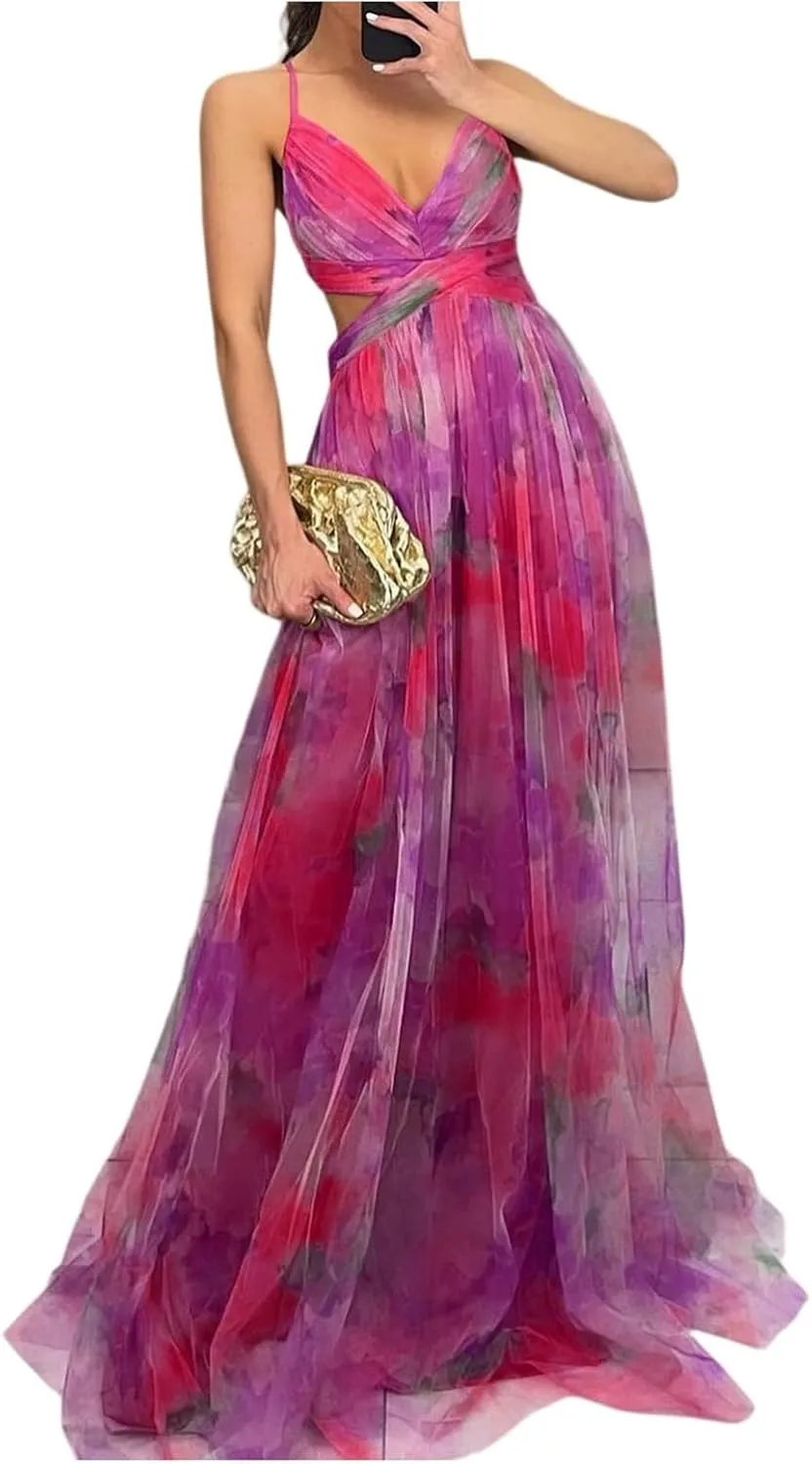 Women's Floral Tulle Wedding Guest Prom Dress Sexy Spaghetti Straps V Neck A Line Formal Colorful Cocktail Maxi Dresses
