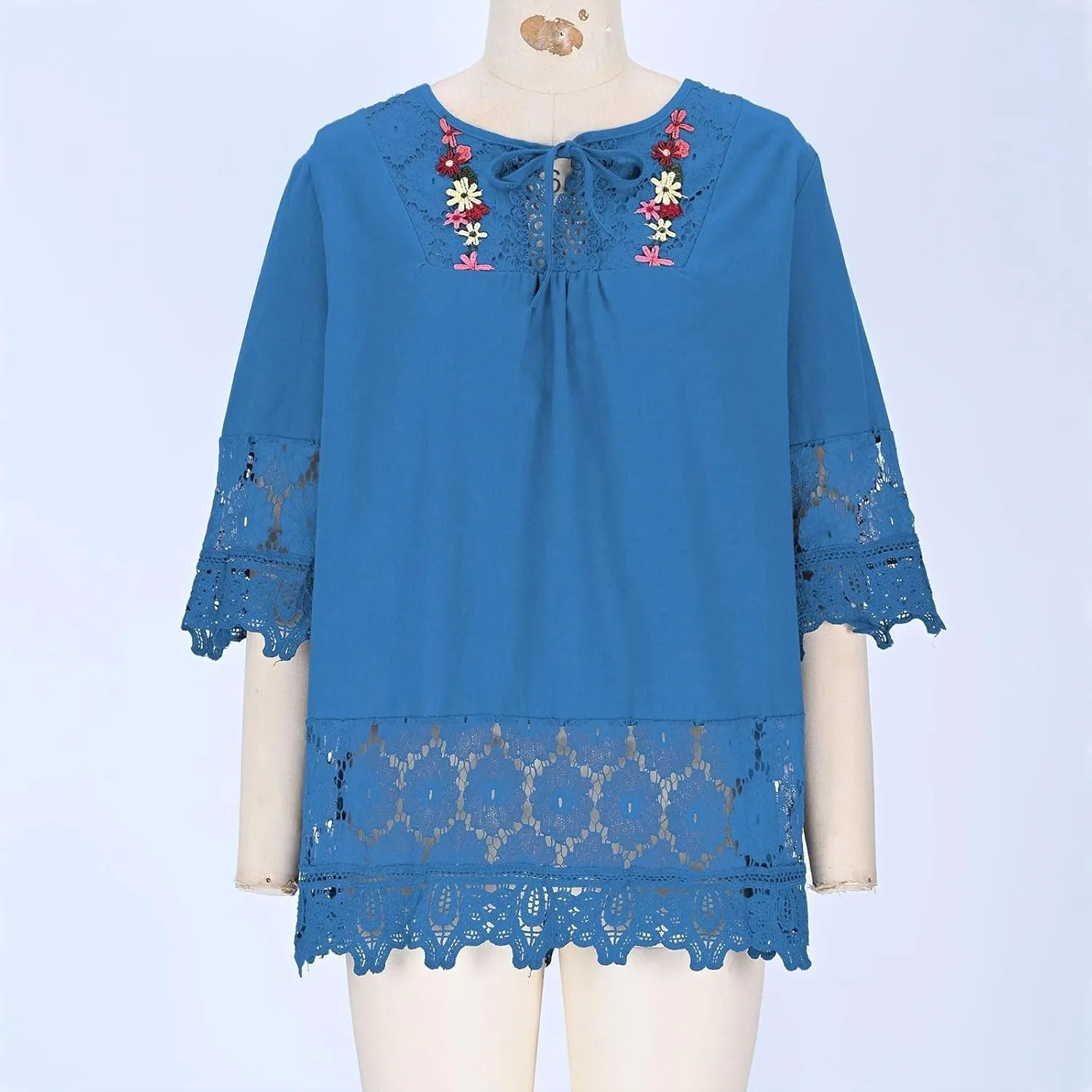 Women's Linen Embroidered Tops Loose Fit Flowy Lace Tunic 3/4 Sleeve Summer Cotton Blouse Shirts Boho Trendy Clothes