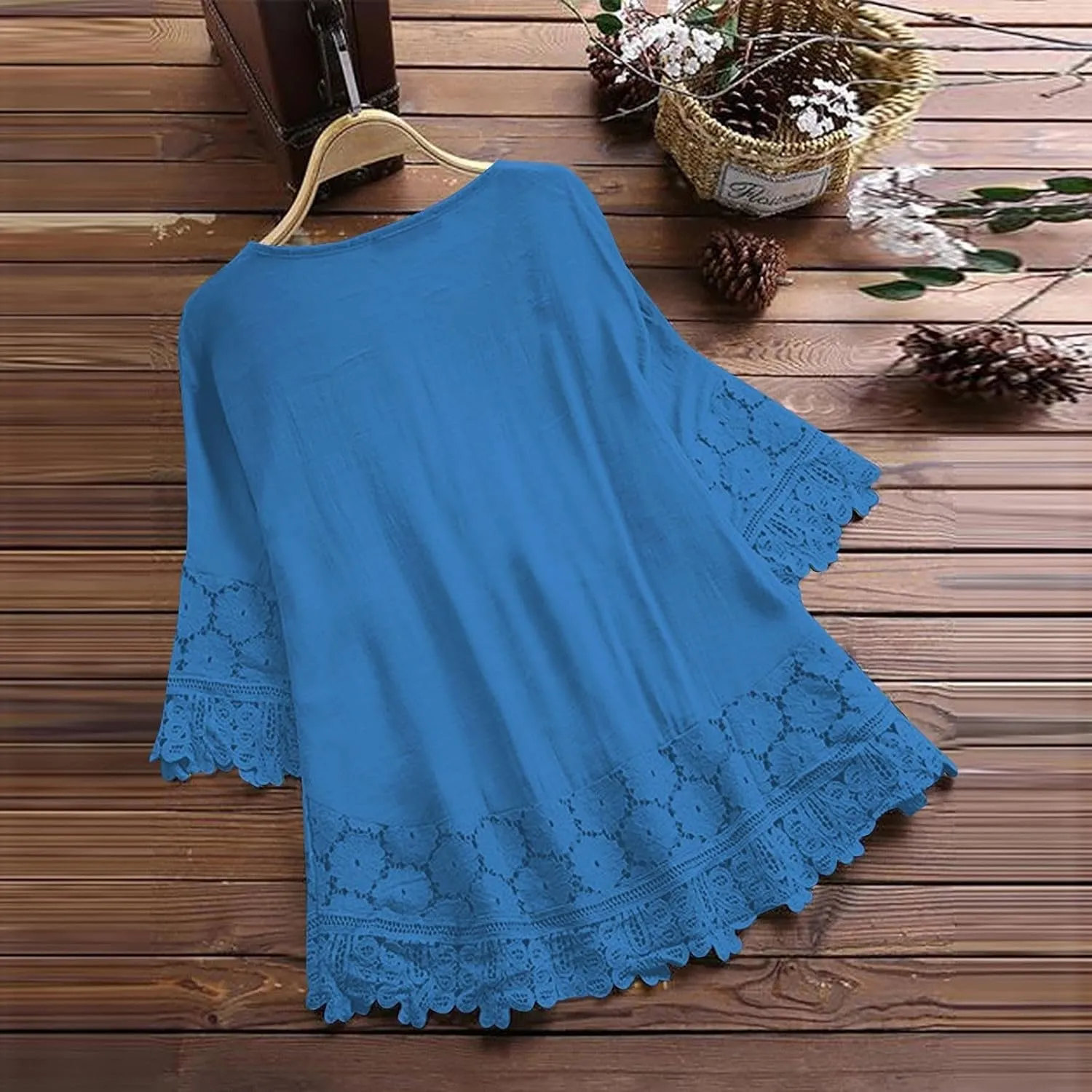 Women's Linen Embroidered Tops Loose Fit Flowy Lace Tunic 3/4 Sleeve Summer Cotton Blouse Shirts Boho Trendy Clothes