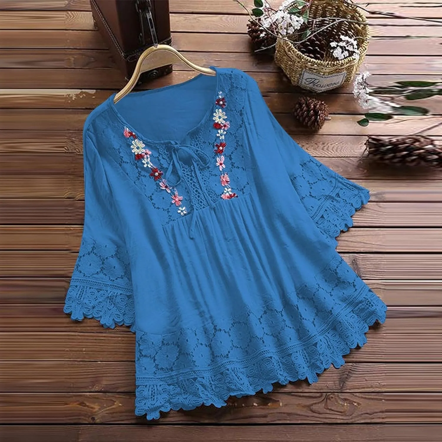 Women's Linen Embroidered Tops Loose Fit Flowy Lace Tunic 3/4 Sleeve Summer Cotton Blouse Shirts Boho Trendy Clothes