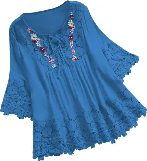 Women's Linen Embroidered Tops Loose Fit Flowy Lace Tunic 3/4 Sleeve Summer Cotton Blouse Shirts Boho Trendy Clothes
