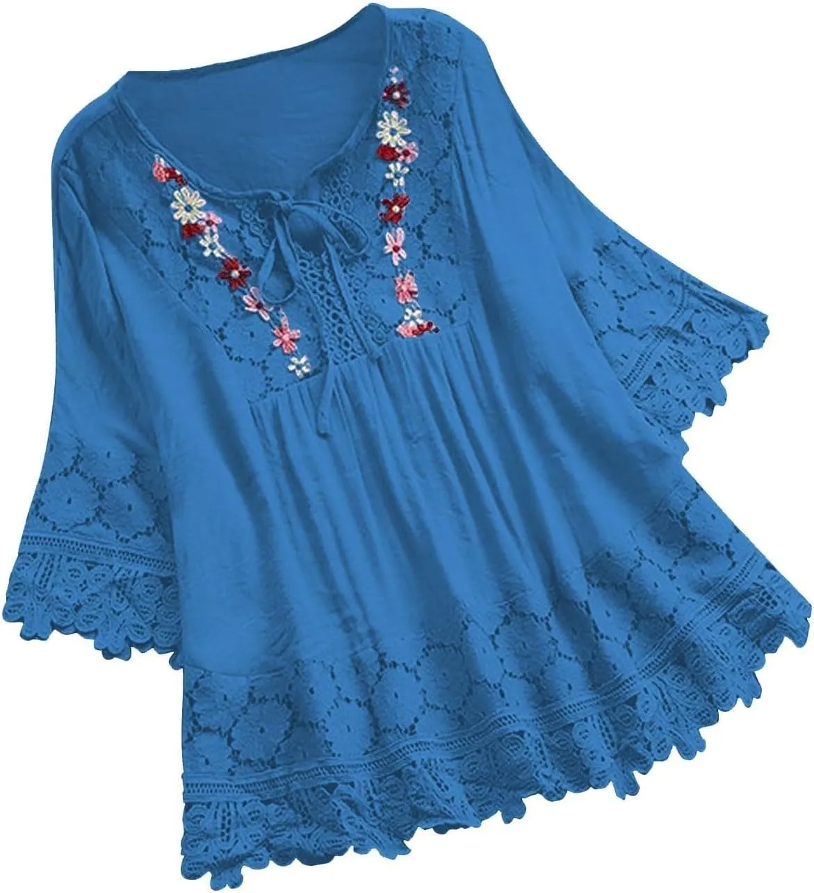 Women's Linen Embroidered Tops Loose Fit Flowy Lace Tunic 3/4 Sleeve Summer Cotton Blouse Shirts Boho Trendy Clothes