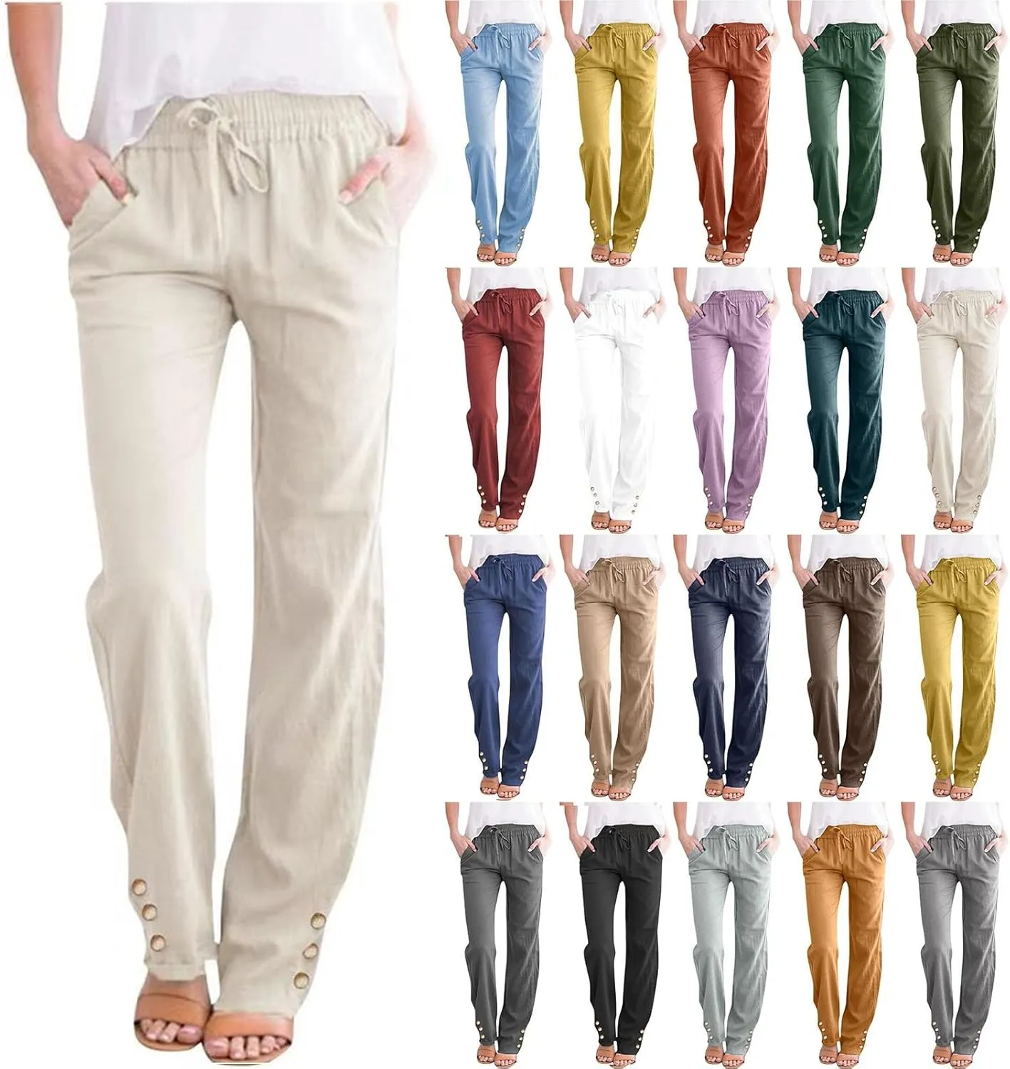Womens Linen Pants Summer Boho Lightweight High Waist Palazzo Pants Drawstring Straight Leg Lounge Trousers with Pockets