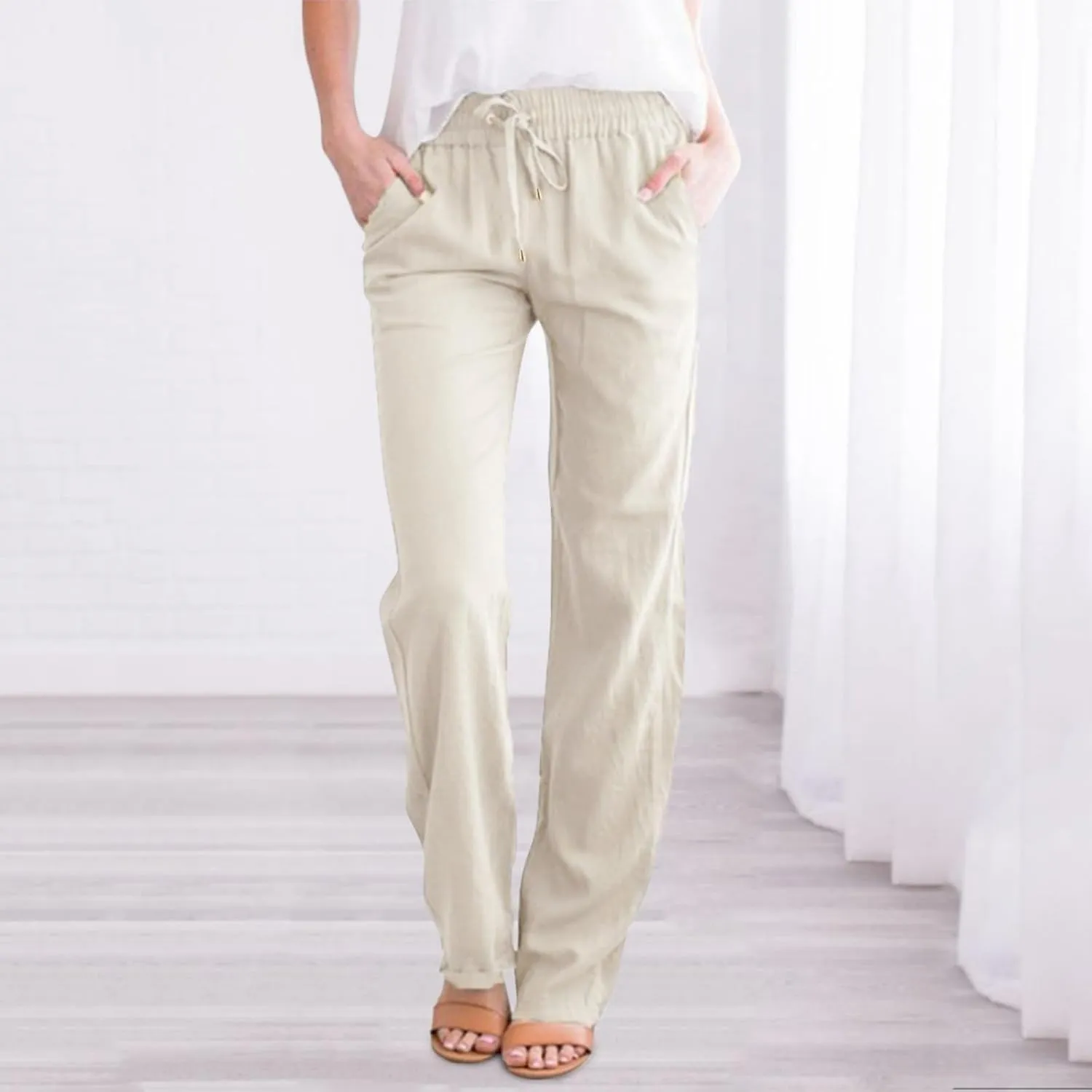 Womens Linen Pants Summer Boho Lightweight High Waist Palazzo Pants Drawstring Straight Leg Lounge Trousers with Pockets