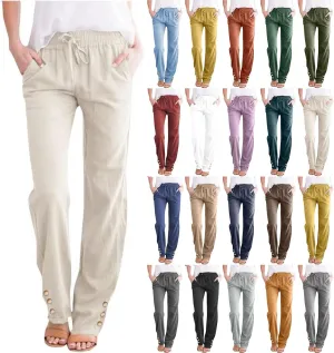 Womens Linen Pants Summer Boho Lightweight High Waist Palazzo Pants Drawstring Straight Leg Lounge Trousers with Pockets