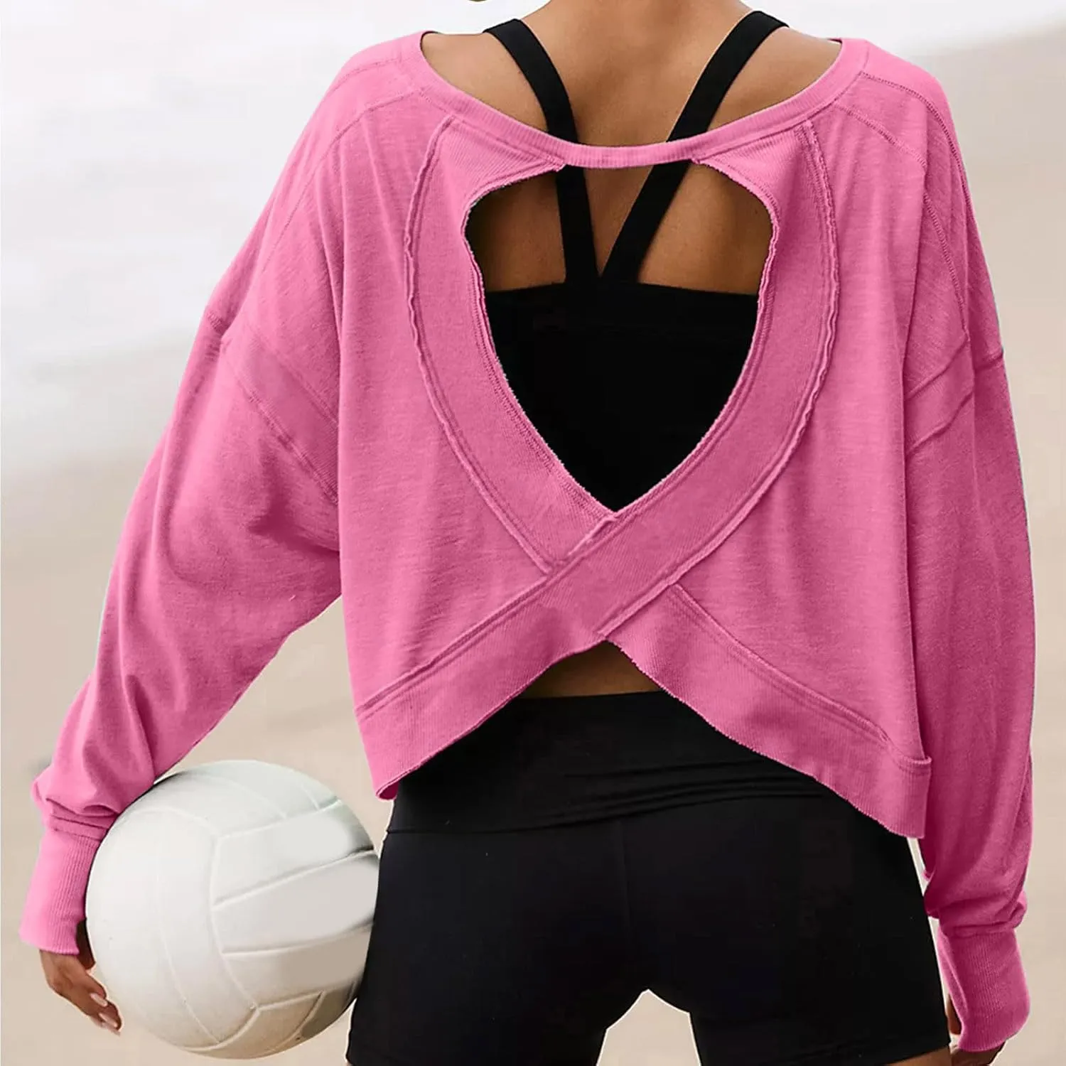 Womens Open Back Workout Tops Long Sleeve Athletic Tshirt Casual Trendy Y2k Shirt Loose Gym Running Yoga Crop Tee Top