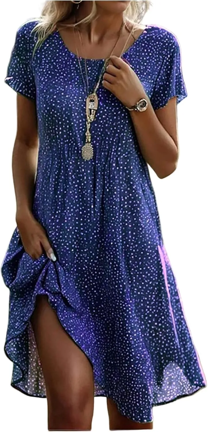 Women's Short Sleeve Summer Sundress with Pockets, Casual Loose Fit Floral Round Neck Knee Length Beach Dress