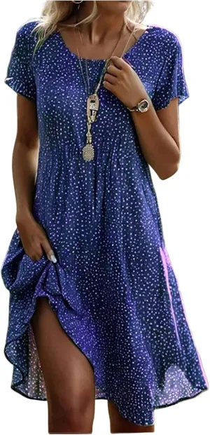 Women's Short Sleeve Summer Sundress with Pockets, Casual Loose Fit Floral Round Neck Knee Length Beach Dress
