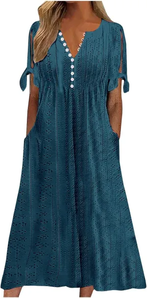 Women's Summer Eyelet Midi Dress Button V Neck Short Sleeve Dresses Solid Flowy Floral Boho Beach Long Sundress
