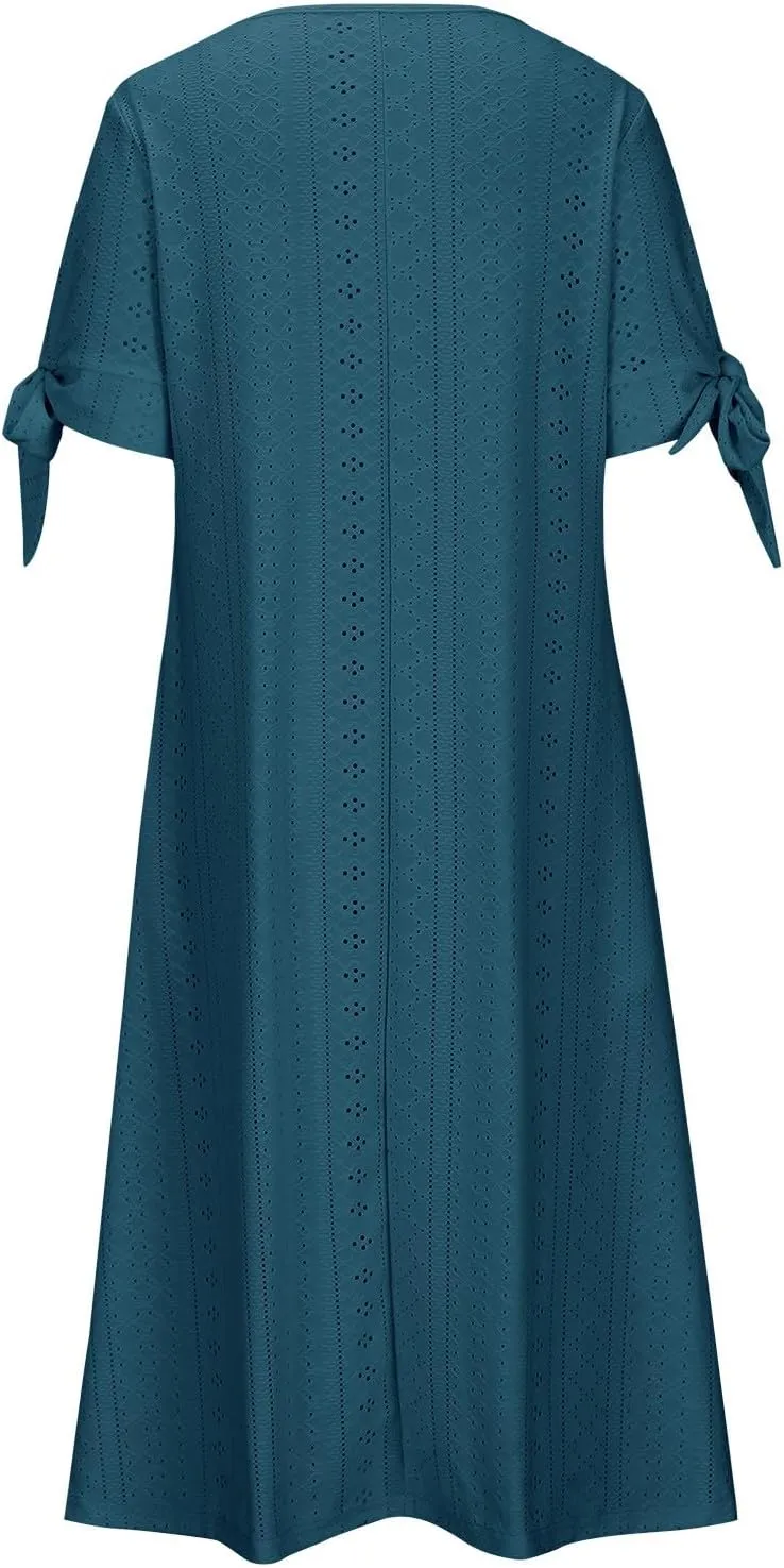 Women's Summer Eyelet Midi Dress Button V Neck Short Sleeve Dresses Solid Flowy Floral Boho Beach Long Sundress
