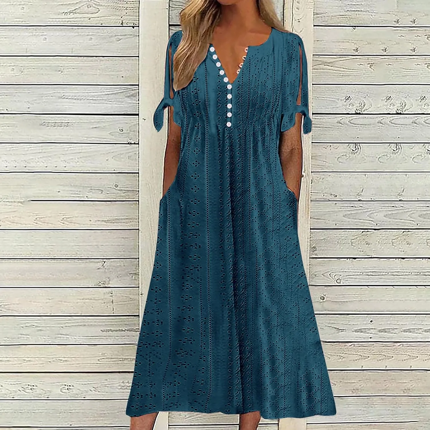 Women's Summer Eyelet Midi Dress Button V Neck Short Sleeve Dresses Solid Flowy Floral Boho Beach Long Sundress